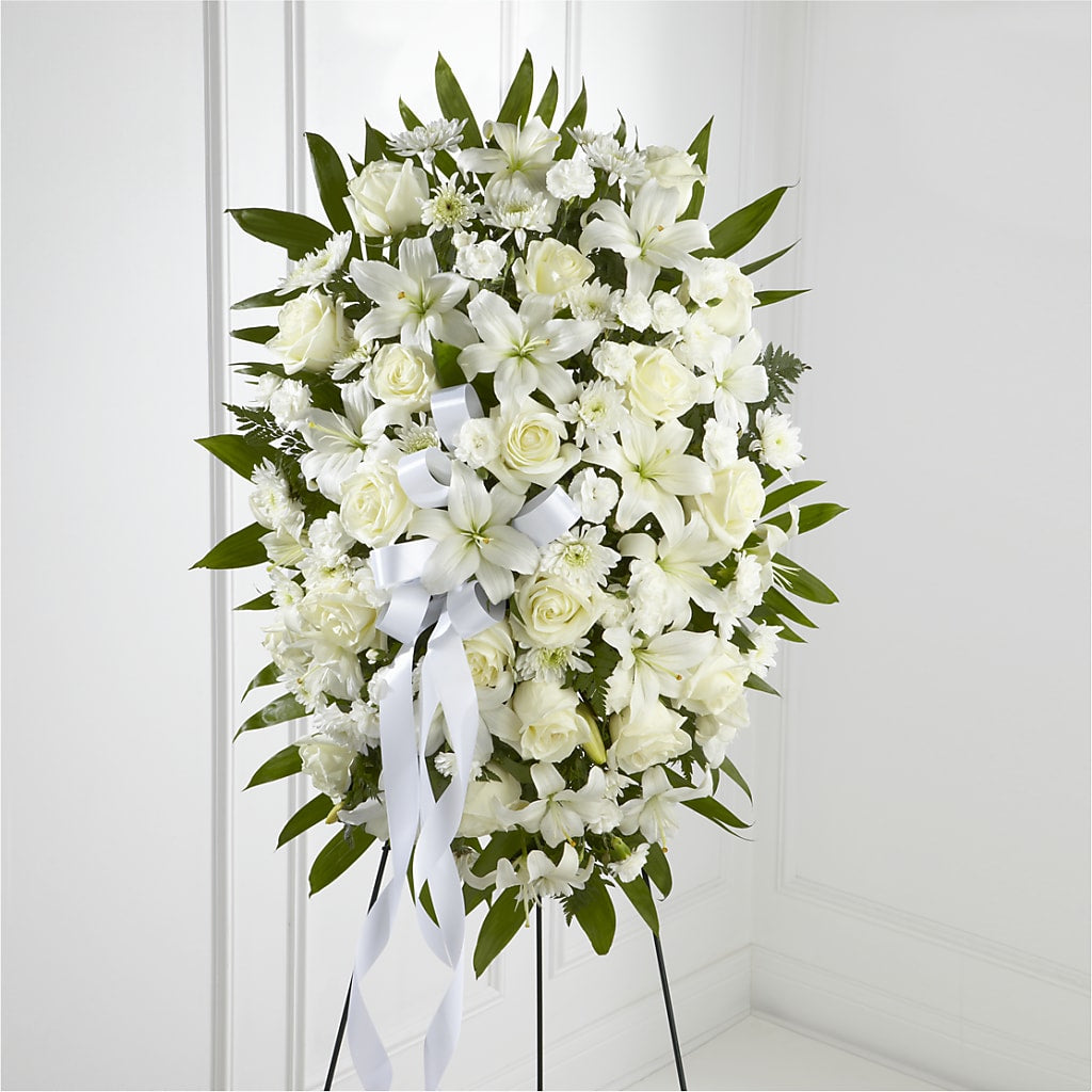 Exquisite Tribute Standing Spray-White Ribbon – Cheapflowers.com, Tontitown AR