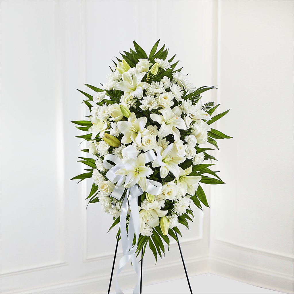 Exquisite Tribute Standing Spray-White Ribbon – Cheapflowers.com, Tontitown AR